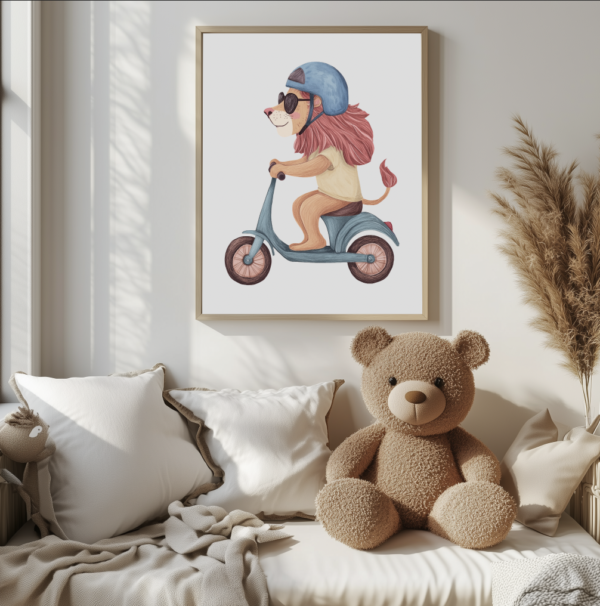 Framed lion wall art for nursery or kids room, playful animal print for gift or home