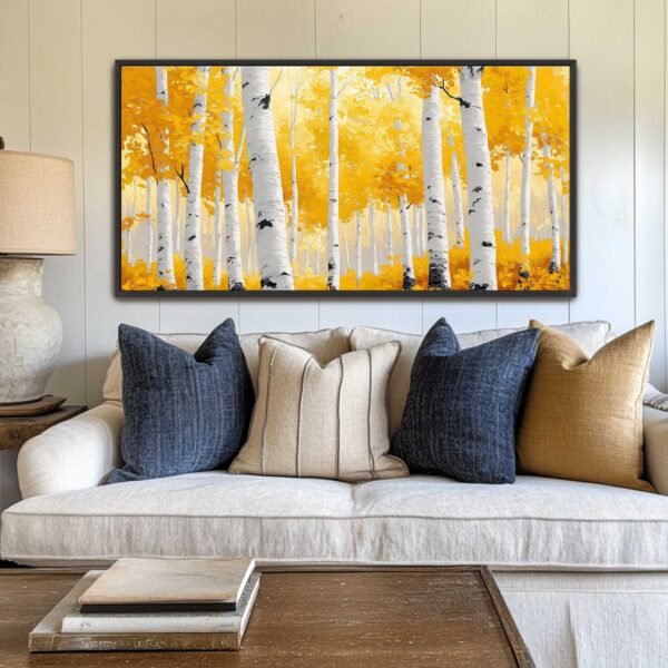 Yellow and White Forest Birch Trees Canvas Wall Art. Abstract art print for living room Hotel lobby, Cafes Office reception Large Size High Quality Canvas wall Art Framed and Unframed Available in gold frame, silver frame, white frame and black frame. enquires welcome