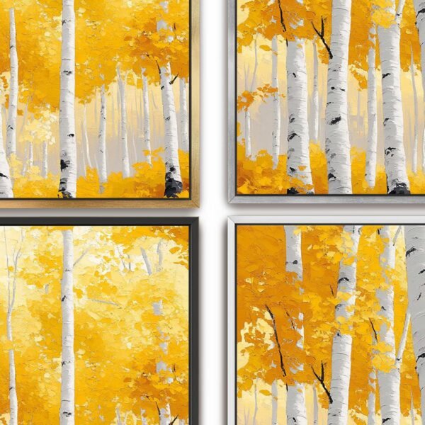 Yellow and White Forest Birch Trees Canvas Wall Art. Abstract art print for living room Hotel lobby, Cafes Office reception Large Size High Quality Canvas wall Art Framed and Unframed Available in gold frame, silver frame, white frame and black frame. enquires welcome