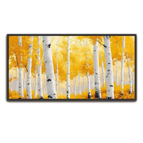 Yellow and White Forest Birch Trees Canvas Wall Art. Abstract art print for living room Hotel lobby, Cafes Office reception Large Size High Quality Canvas wall Art Framed and Unframed Available in gold frame, silver frame, white frame and black frame. enquires welcome