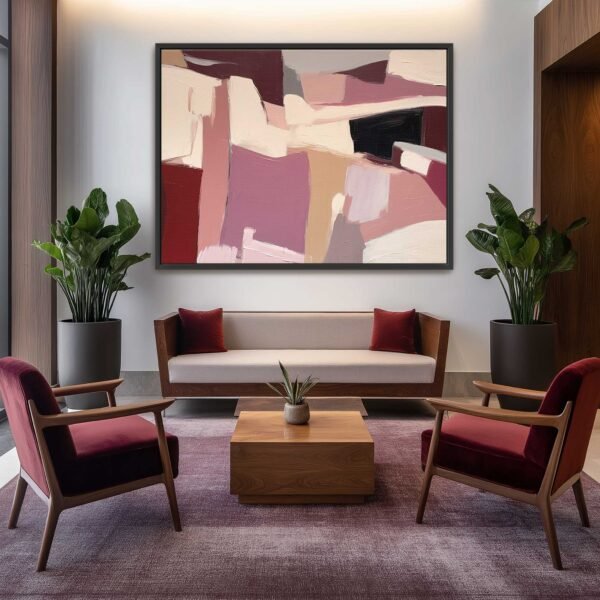 Framed abstract wall art in beige and cream tones, oversized canvas print suited for minimalist interiors. Large Pink and Beige colour abstract wall art, big sizes ideal for office space, show interiors, hotel lobby, hotel reception