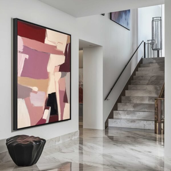 Large abstract canvas wall art in neutral tones, ideal for modern living room decor. Large Pink and Beige colour abstract wall art, big sizes ideal for office space, show interiors, hotel lobby, hotel reception