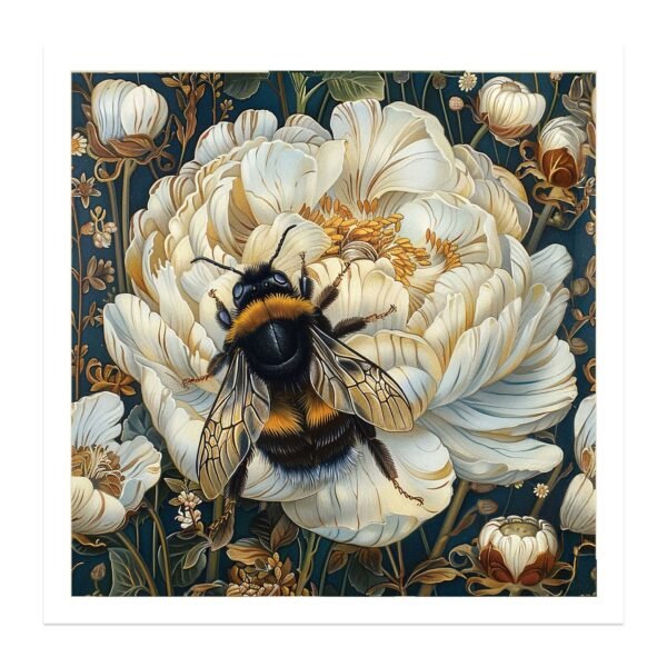 Bee Flower Art Print – A delicate closeup of a white peony in full bloom and a bumble bee. Perfect for nature lovers and botanical art collectors, this print adds a soft, organic touch to any space.