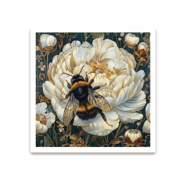 Bee Flower Art Print – A delicate closeup of a white peony in full bloom and a bumble bee. Perfect for nature lovers and botanical art collectors, this print adds a soft, organic touch to any space.